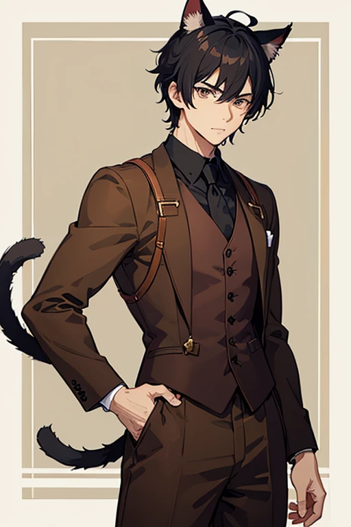 Man, anime, wearing a brown vest suit, has cat ears and tail, wearing shoulder holster, black hair, brown eyes, short hair style, best quality, vintage background