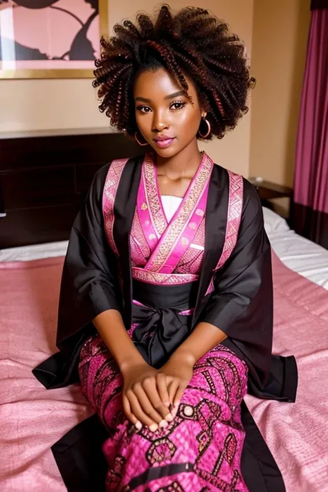 An african woman,with curly afro hair,brown eyes with pink lips,sitting on her bed in her room,detailed face,very cute,very beutiful,wearing a long black Edo attire.chocolate skinned,hot