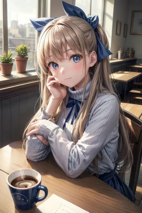 tableトップ, highest quality, 1 girl, alone, light brown long hair, beautiful blue eyes ，window, sitting, indoors, table, sleeves go above the wrist, Cafe, Coffee cup，hair ribbon, headrest, closed mouth, blue sweater, Upper body