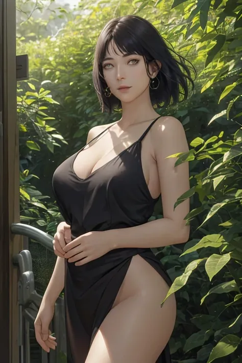 (Masterpiece, top quality, best quality, beautiful and aesthetic: 1.1), (1 young num), Ultra-detailed, Outdoor setting, Gigantic breasts, Uncovered yet discreetly hidden, Covered cleavage, Braless, Delicate and slender figure, Sunlight filtering through, G...