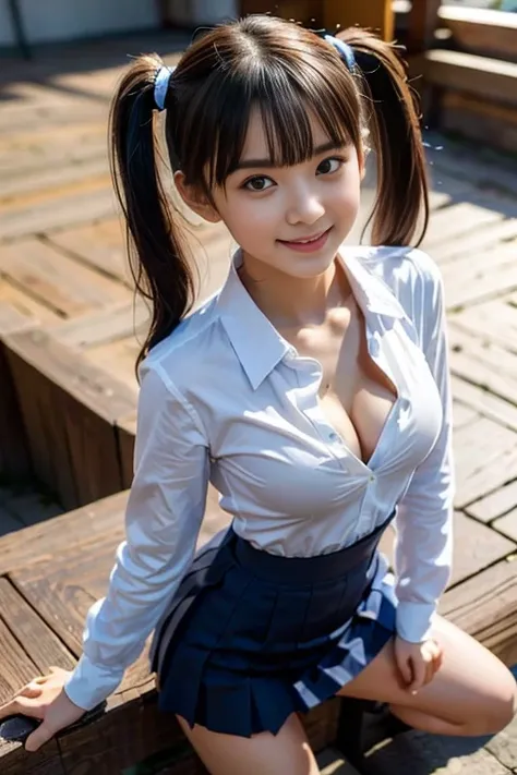 (((Unbutton your shirt and look at your chest)))、(((twin tails、tits:1.2))),15 years old、((可adorableセーラー服))、（8Kんin，highest quality），school classroom，student，class，jk skirt，blue wet shirt, wet shirt, adorable， smile， narrow side， short and fine hair， 32Kin, ...