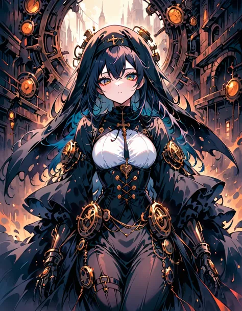 A mesmerizing and ultra-high-resolution emo art masterpiece set in a steampunk world. A stunningly beautiful nun is depicted, wearing an intricate and detailed outfit that includes a long, hooded robe, corset, and a variety of steampunk-inspired mechanical...