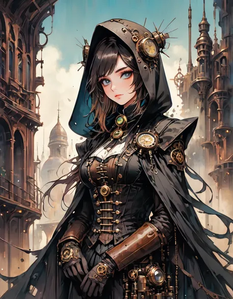 A mesmerizing and ultra-high-resolution emo art masterpiece set in a steampunk world. A stunningly beautiful nun is depicted, wearing an intricate and detailed outfit that includes a long, hooded robe, corset, and a variety of steampunk-inspired mechanical...