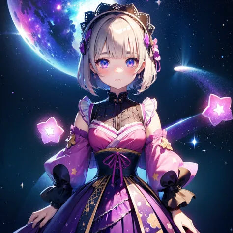 1girl、vtuber-fullbody、star fairy、「a beautifully printed galaxy patterned kimono and gothic lolita outfit.、space pattern box plea...