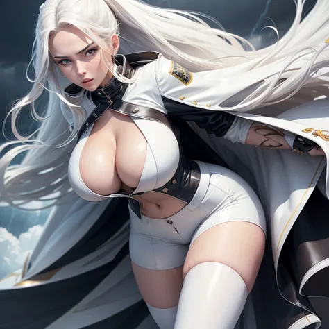 hyper-realistic, mega luxurious wind woman, full height, close-up, dynamic pose controls a tornado, long white hair, white eyes. standing in the center of a tornado, openly dressed in leather white shorts and a jacket, ample breasts, white stockings, reali...