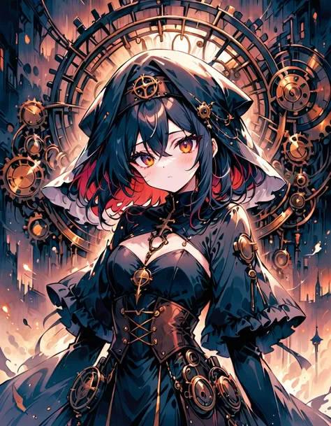 A mesmerizing and ultra-high-resolution emo art masterpiece set in a steampunk world. A stunningly beautiful nun is depicted, wearing an intricate and detailed outfit that includes a long, hooded robe, corset, and a variety of steampunk-inspired mechanical...