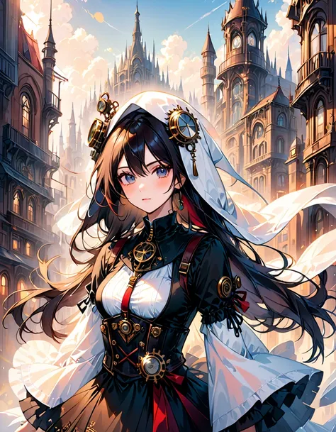 A mesmerizing and ultra-high-resolution emo art masterpiece set in a steampunk world. A stunningly beautiful nun is depicted, wearing an intricate and detailed outfit that includes a long, hooded robe, corset, and a variety of steampunk-inspired mechanical...