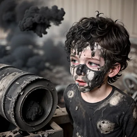 boy covered in soot after cannon explosion