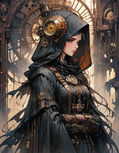 A mesmerizing and ultra-high-resolution emo art masterpiece set in a steampunk world. A stunningly beautiful nun is depicted, wearing an intricate and detailed outfit that includes a long, hooded robe, corset, and a variety of steampunk-inspired mechanical...