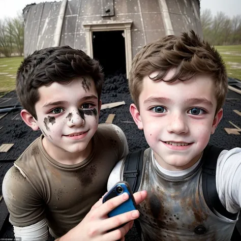 two boys taking a selfie after being blasted by a cannon and left battered and covered in soot