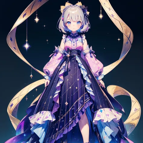 1girl、vtuber-fullbody、Star Fairy、「A beautifully printed galaxy patterned kimono and gothic lolita outfit.、Space pattern box pleated mini skirt with ruffles、Front full body portrait、enchanting eyes、Perfect and stunning face、exquisite details、clear image、hig...