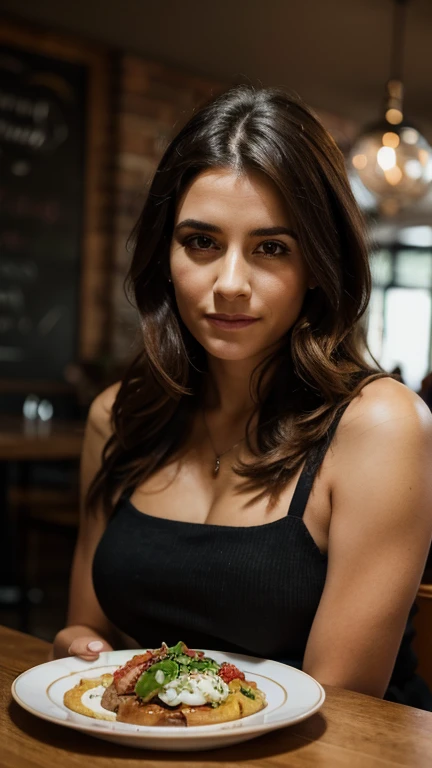 a woman sitting at a table with a plate of food, a character portrait by Maud Naftel, instagram contest winner, barbizon school, behance hd, matte photo, masculine