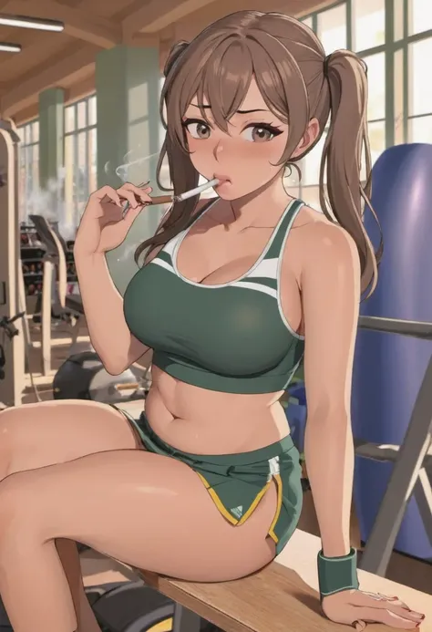 a school girl smoking cigarettes rapidly while masturbating, the cigarette ash is very long, sucking very hard on the cigarette, gym girl, pain, agony, busty, pigtails