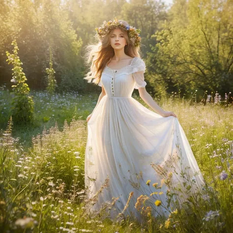 Zdzislaw Bekrzynski style, white woman, wavy hair, long canvas vintage dress with meadow flowers print, full body standing by a tree, early summer, masterpiece, side light, finely detailed beautiful eyes, hdr, realistic, oil painting, airbrushed