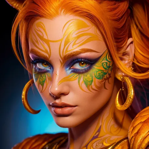 (((masterpiece))), (((highest quality: 1.4))), ((Super detailed: 1.4)) , Highly detailed gouache painting of a female tiefling, gorgeous exotic features, amber neon eyes:1.5,  orange hair, highly detailed facial features, expressive face, detailed texture,...