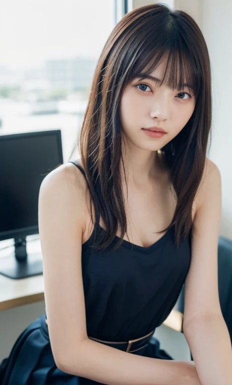 masterpiece、highest quality、16K、soft light、professional lighting、Pale shading、Weak contrast、Japanese、beautiful girl、daytime office、Window seat、sitting in front of the computer、Tight white camisole clinging to breasts、The skin is visible through the fabric、...