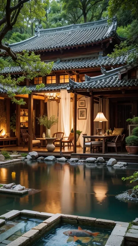 There is a small pond in the middle of the terrace, There is a fish pond and courtyard, Comfortable and peaceful atmosphere, Luxurious environment, Portrait shoot, Quiet and peaceful atmosphere, A well-designed masterpiece, serene evening atmosphere, Hangz...