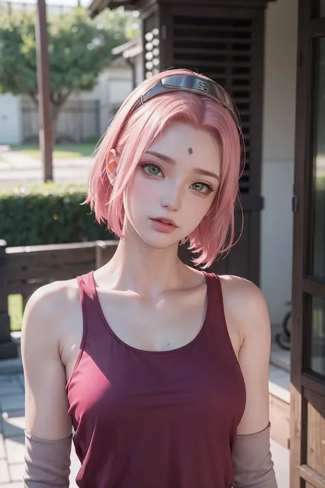 young woman, short shoulder-length pink hair, wide forehead, porcelain skin, pink eyebrows, big emerald green eyes, buttoned nose, full lips, heart-shaped face, slender body, small breasts, red tank top, Sakura Haruno , realistic, realism, details, 3d, wel...