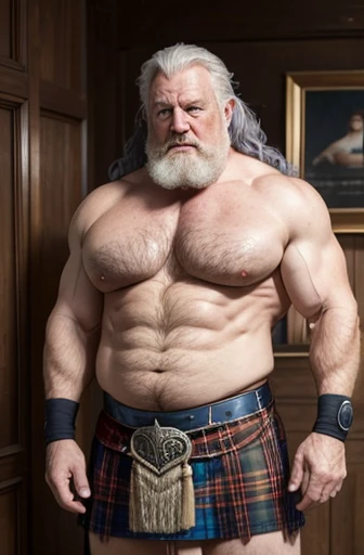  a very old, sweaty scotish red-haired oldman with silver hair, extremely muscular and extremely fat, over 70 years old, weighing more than 600 pounds with extremely large muscular and very flaccid and very hairy breasts with gynecomastia and very large, p...