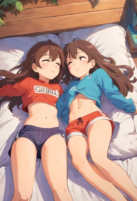 Two girls lie next to each other, close to each other and kiss, in running shorts, short shorts,
