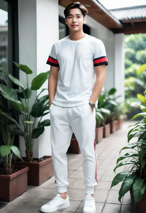 realistic photo 1:4)) 22 year old indonesian young man, handsome asian from indonesia wearing a white t-shirt, detailed, black a...