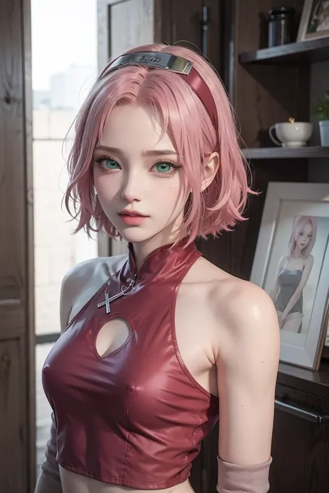 young woman, short shoulder-length pink hair, wide forehead, porcelain skin, pink eyebrows, big emerald green eyes, buttoned nose, full lips, heart-shaped face, slender body, small breasts, red tank top, Sakura Haruno , realistic, realism, details, 3d, wel...