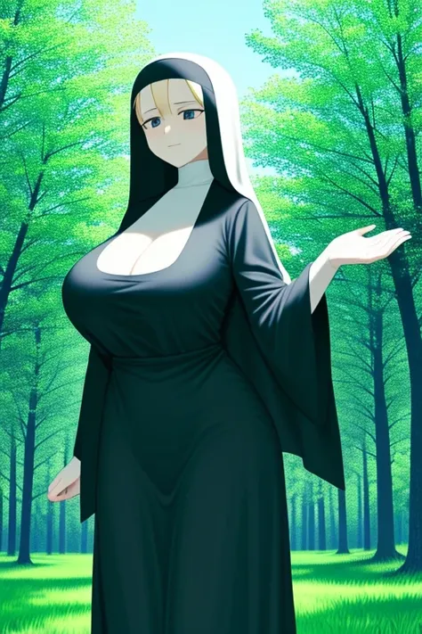 old slim nun, standing outdoors, full body shot, captured from below, fully clothed, her gigantic breasts were skillfully concealed, the cleavage of her braless top remained hidden, her serene expression radiated peace and tranquility, the surrounding gree...