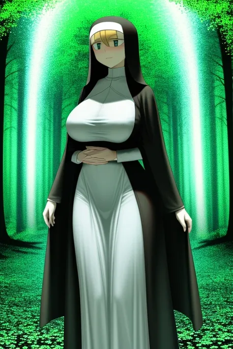 old slim nun, standing outdoors, full body shot, captured from below, fully clothed, her gigantic breasts were skillfully concealed, the cleavage of her braless top remained hidden, her serene expression radiated peace and tranquility, the surrounding gree...