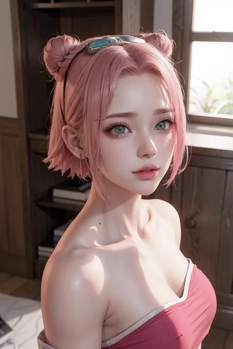 young woman, bubblegum pink hair tied in a bun, wide forehead, porcelain skin, pink eyebrows, emerald green eyes, upturned nose, thick pink lips, heart-shaped face, dark red clothes, Sakura Haruno, realism, well detailed, 3d
