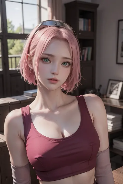 young woman, short shoulder-length pink hair, wide forehead, porcelain skin, pink eyebrows, big emerald green eyes, buttoned nose, full lips, heart-shaped face, slender body, small breasts, red tank top, Sakura Haruno , realistic, realism, details, 3d, wel...