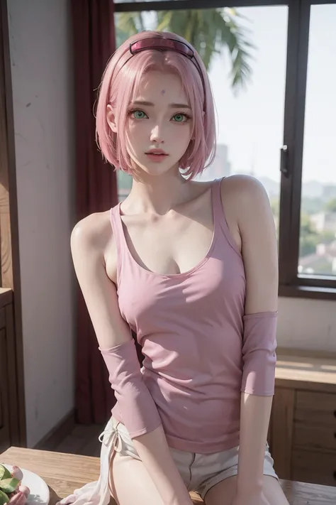 young woman, short shoulder-length pink hair, wide forehead, porcelain skin, pink eyebrows, big emerald green eyes, buttoned nose, full lips, heart-shaped face, slender body, small breasts, red tank top, Sakura Haruno , realistic, realism, details, 3d, wel...