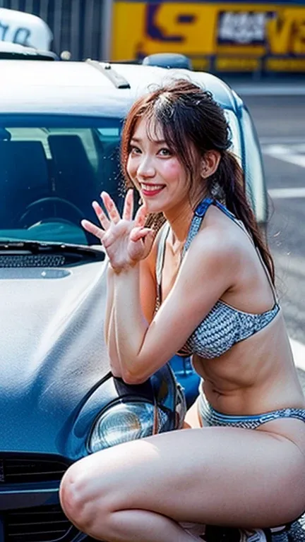 (High resolution 8K),( highest quality), Super detailed, (masterpiece), ( 25 years old), (from whole body to toes:1.2)、((side shot:1.1)),((Side view:1.1)),((sitting on the hood of a car)),((Race Queen Colorful Bikini)),((Pose with both hands raised:1.3)）,(...