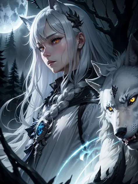 silver wolf, shining yellow eyes, dark forest, scary environment, Soft blue light, Pale Moon、Fenrir、