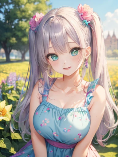 小さなgirl、Face photo、Face up、The arrival of spring、big ass、 (alone:1.5,)Super detailed,bright colors, very beautiful detailed anime face and eyes, look straight, ;d, shiny_skin,girl, ((long silver hair,The inner color is red 、forehead is exposed.、green eyes、...