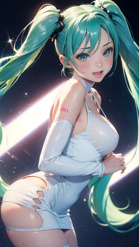 Super detailed, NSFW, masterpiece, High resolution, Photorealistic digital art, perfect lighting, (((1 girl, perfect anatomy))), accurate right hand, accurate left hand, five fingers, perfect style, hatsune miku, 3d face, big light blue-green eyes, glossy ...