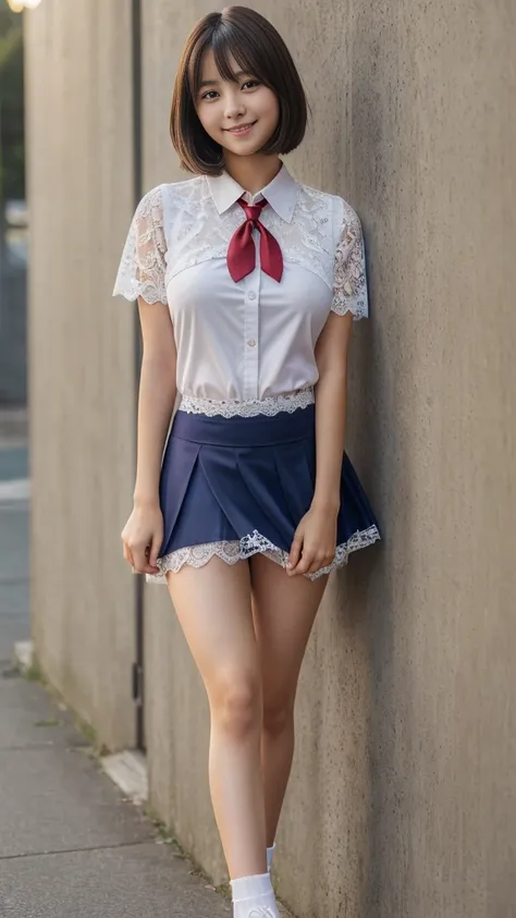 ((beautiful high school girl:1.3))、((school uniform:1.4))、((the wind blows up my skirt:1.5))、((white lace panties:1.5))、((high s...