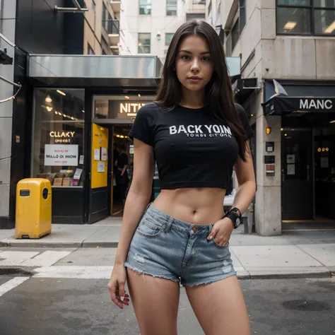 Masterpiece, top quality, super detail, beautiful American girl, no abs, perfect breast. she wears: a black t shirt, a shorts. she stand in front of building in New York City