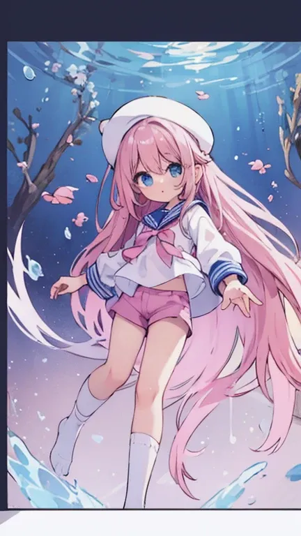 beautiful illustrations, highest quality, (12 year old girl:1.4)、(pretty girl：1.5)、、(inside the aquarium)、flat chest、sailor collar、(White long tunic)、long sleeve sailor suit、Blue-line cuffs、(pink chino shorts：1.4)、(pink shorts with wide opening：1.2)、Gap be...