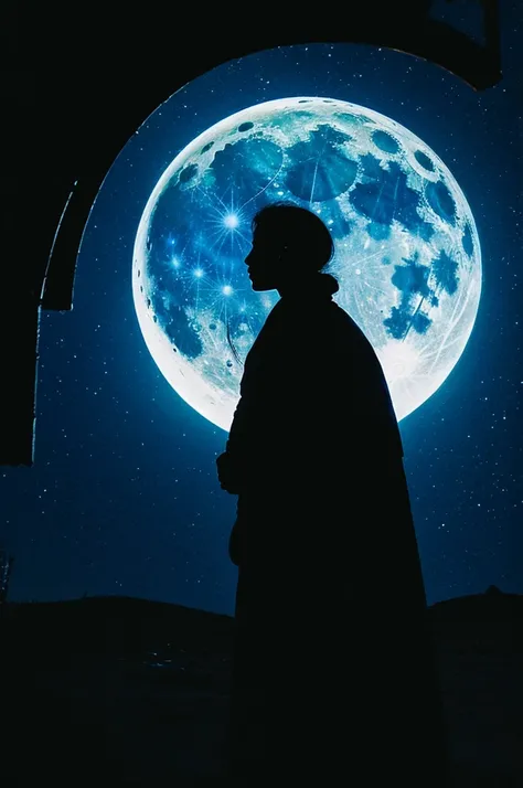 highest quality,big moon and shadow,A silhouette of a person can be seen against the background of the big moon.,There is one full moon,There is a mood,beautiful scenery,starry sky