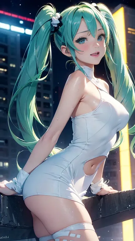 Super detailed, NSFW, masterpiece, High resolution, Photorealistic digital art, perfect lighting, (((1 girl, perfect anatomy))), accurate right hand, accurate left hand, five fingers, perfect style, hatsune miku, 3d face, big light blue-green eyes, glossy ...