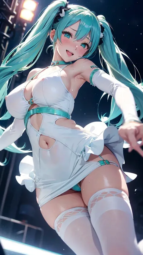 Super detailed, NSFW, masterpiece, High resolution, Photorealistic digital art, perfect lighting, (((1 girl, perfect anatomy))), accurate right hand, accurate left hand, five fingers, perfect style, hatsune miku, 3d face, big light blue-green eyes, glossy ...