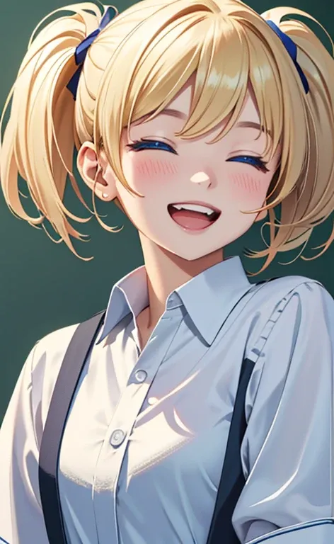 (​masterpiece、top-quality、8k size wallpaper、offcial art)、(portrait,upper body:1.6)、(1girl),(very loud laugh,Open mouth:1.3),(half closed eyes),cute face,blue eyes、(short twintails)、
,(stand),(Shining smile),Shining brightly,
,(slender),(school uniform),(lo...