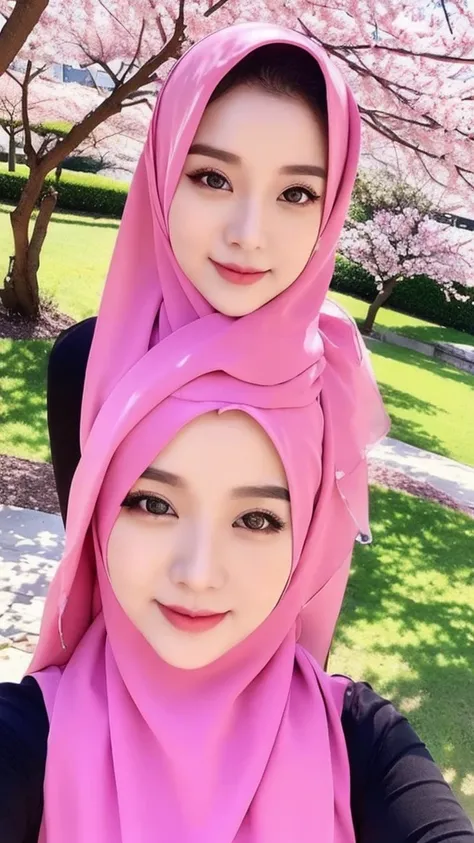 actual, Super sharp, beautiful woman、scarf, Indonesia, Cherry blossoms、Selfie、The face is cute、Wanlak Ayansi appears、1 girl, fashionable