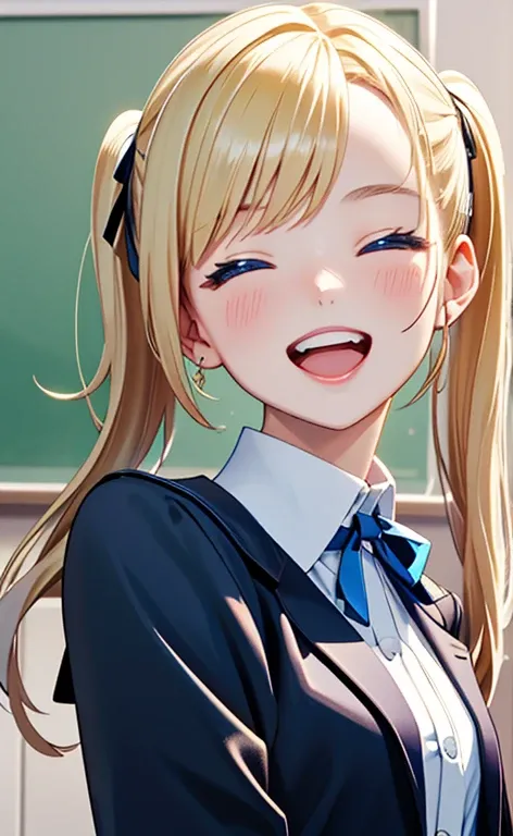 (​masterpiece、top-quality、8k size wallpaper、offcial art)、(portrait,upper body:1.6)、(1girl),(very loud laugh,Open mouth:1.3),(half closed eyes),cute face,blue eyes、(short twintails)、
,(stand),(Shining smile),(Sparkling:1.3),
,(slender),(school uniform),(lon...