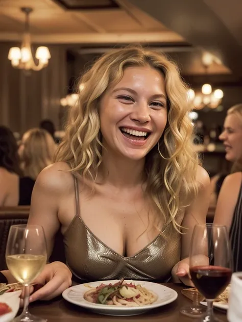 35 years old caucasian woman, voluminous wavy blonde hair, laughing, talking with friends, dinner party, at a restaurant, people in the background