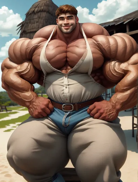 1boy, brutalmass, giant, massive body, bulk, wide pecs, large body size, big brown eyes, handsome warm smile, open linen blouse, rolled up trousers, early 1900s, the Bahamas, explorer adventurer, rustic village,