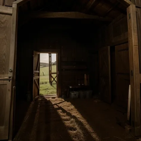 photo of a man hiding in a barn in a field in Turkey, view from afar, atmospheric perspective view from afar, UHD, masterpiece, anatomically correct, super detail, high details, high quality, best quality