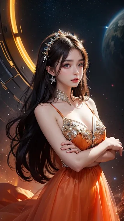 8k ultra hd, masterpiece, highest quality, beautiful girl, long hair, Impressive hairstyle, crystal dress, orange dress, (shining:1.2), glowing skin, Disco lighting, space background, attractive pose,