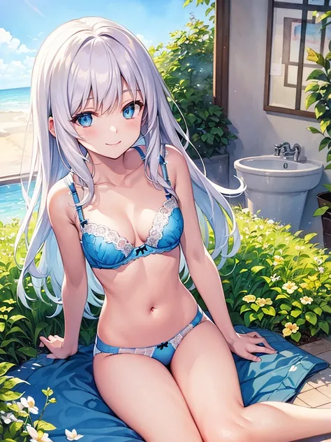 wariza, ((((( underwear,)))))  blue sky,  smile, mini skirt,  white hair, pale skin,  blue eyes, ((detailed illustration watercolor,)) 1girl, medium breasts, 