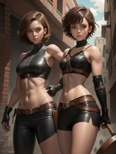 Digital art style, looking at the audience, whole body, The art of math, 1 girl, alone, short hair, brown hair, brown eyes, tons, fit, Strong, fighter, Theft and leather clothing, fantasy